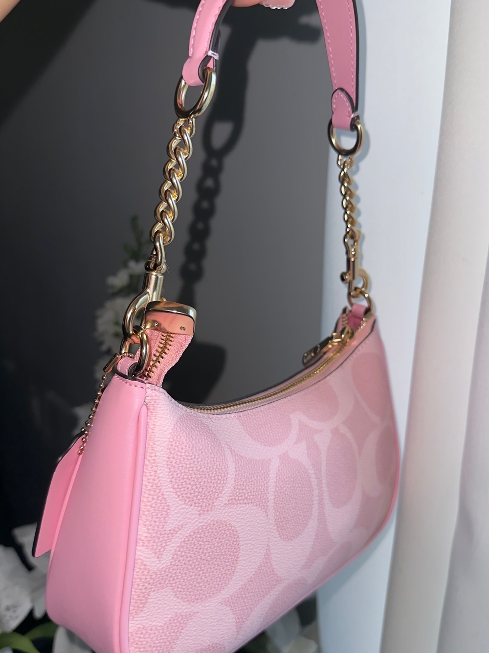 Coach Pink Signature Mini Shoulder Bag with Gold Chain - Picture 5 of 10